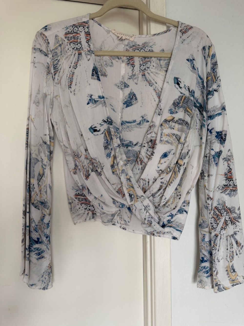 lovestitch White Surplice Wrap Top with Blue and Tan Print